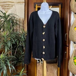 Vintage Coldwater Creek Cardigan L/XL Black Artisan Boho Knit Turquoise Buttons